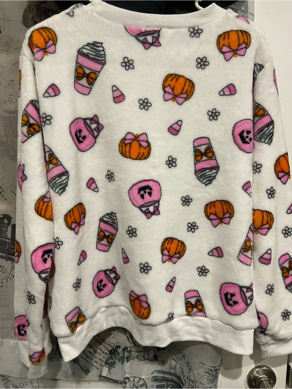 Women's White Plush Halloween Print Crewneck Sweater